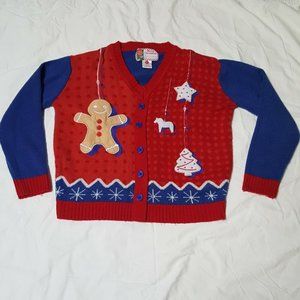 Merry Christmas Sweater Size L Gingerbread Man Ornaments Applique Red Pullover